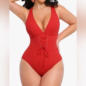 SHAPELLX Slimming Swimsuit One Piece Crisscross Back Tummy Control Red L NWT